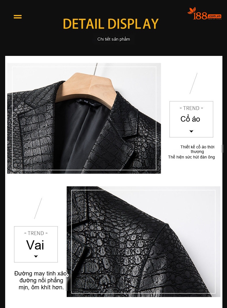Áo Khoác Blazer Nam Da Cừu Thật Vân Cá Sấu Lịch Lãm Màu Đen chi tiết 9
