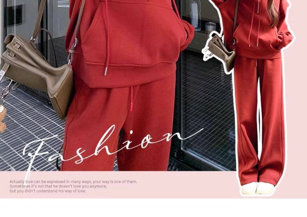 Bộ Đồ Nữ Thu Đông Áo Hoodie Quần Ống Rộng Phong Cách Hàn Quốc Màu Đỏ chi tiết 2