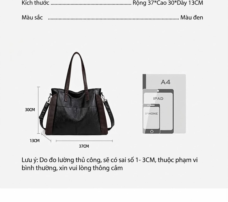 Túi Tote Nữ Da Mềm Sức Chứa Lớn Đeo Vai Đeo Chéo Phong Cách Mẹ Bỉm Sữa Màu Đen, Nâu chi tiết 7
