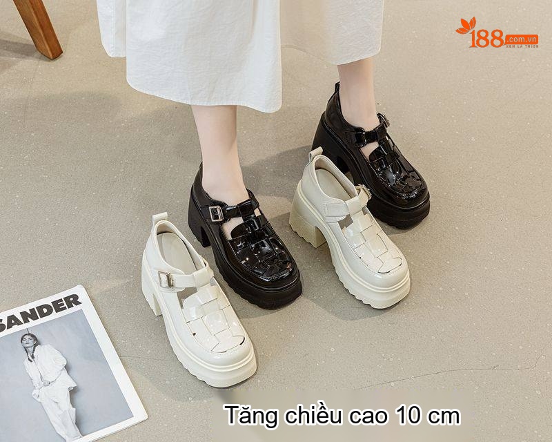 Giày Sandal Cao Gót Nữ Quai Mary Jane Da Bóng Đế Bánh Mì Gót Cao 8cm Màu Đen, Kem chi tiết 7
