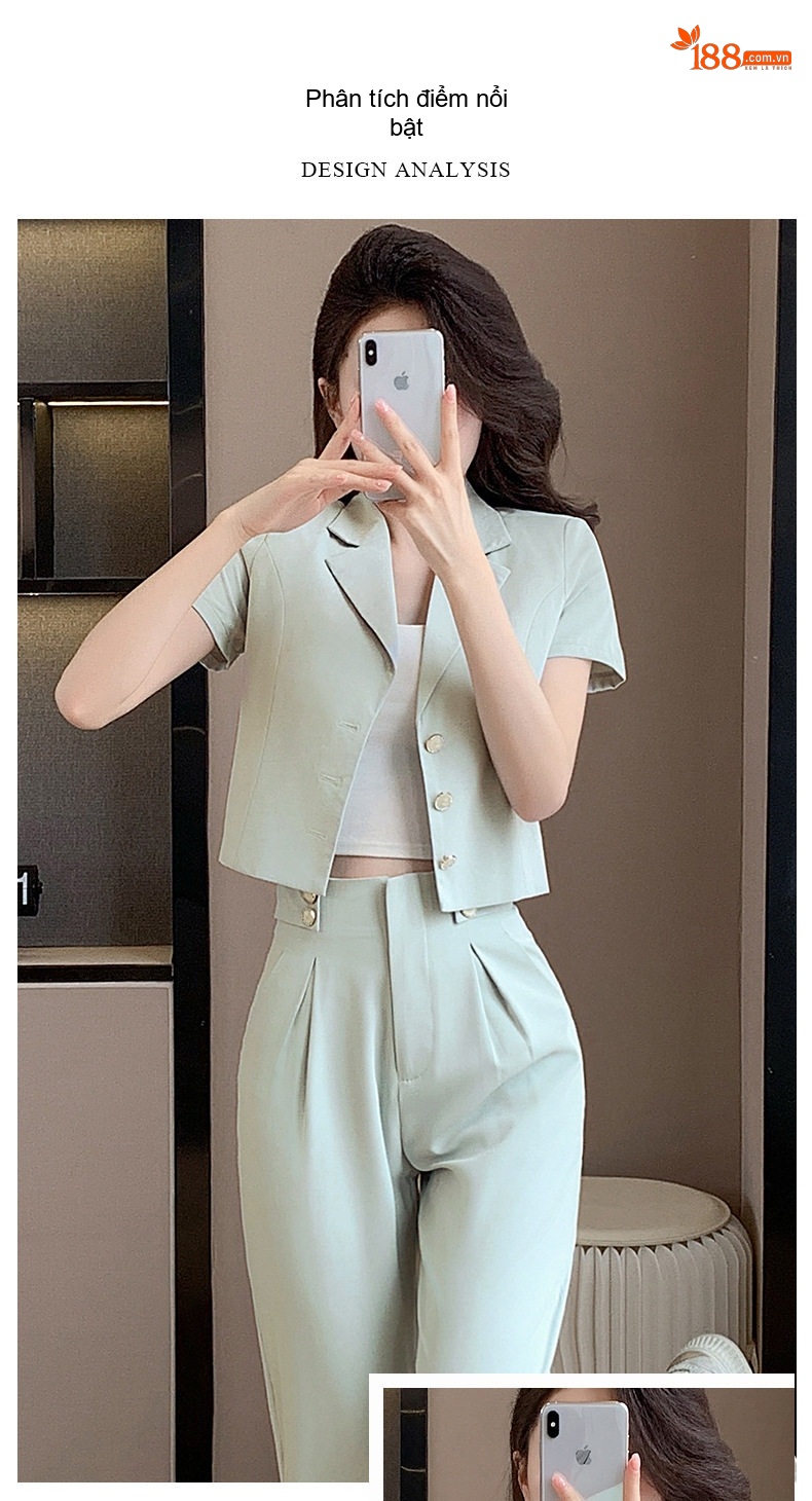 Bộ Vest Công Sở Nữ Tay Ngắn Quần Dài Thanh Lịch Màu Xanh Lá, Tím chi tiết 4