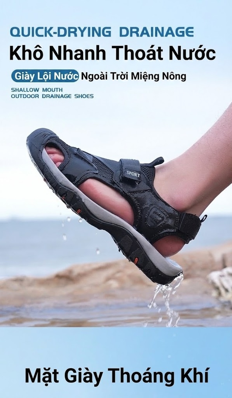 Dép Sandal Nam Da Thật Bít Mũi Chống Trượt Đế Cao 3cm chi tiết 3