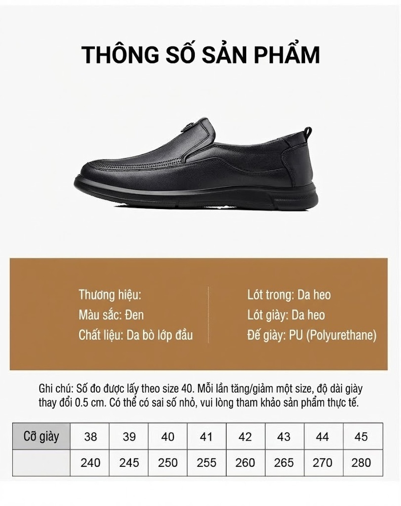 Giày Lười Nam Da Bò Chiều Cao Đế Khoảng 3cm Màu Đen chi tiết 10