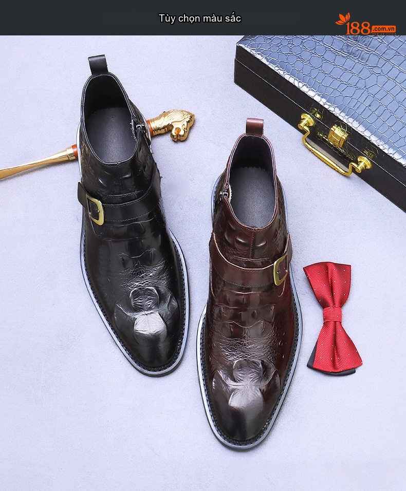 Giày Boot Nam Da Bò Cao Cổ Khóa Kéo Chiều Cao Đế Khoảng 3cm Màu Đen, Nâu chi tiết 2