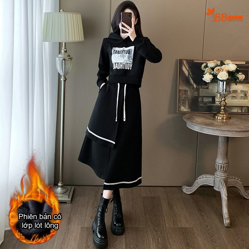 Set Bộ Áo Hoodie và Chân Váy Dáng Dài Lót Lông Màu Đen