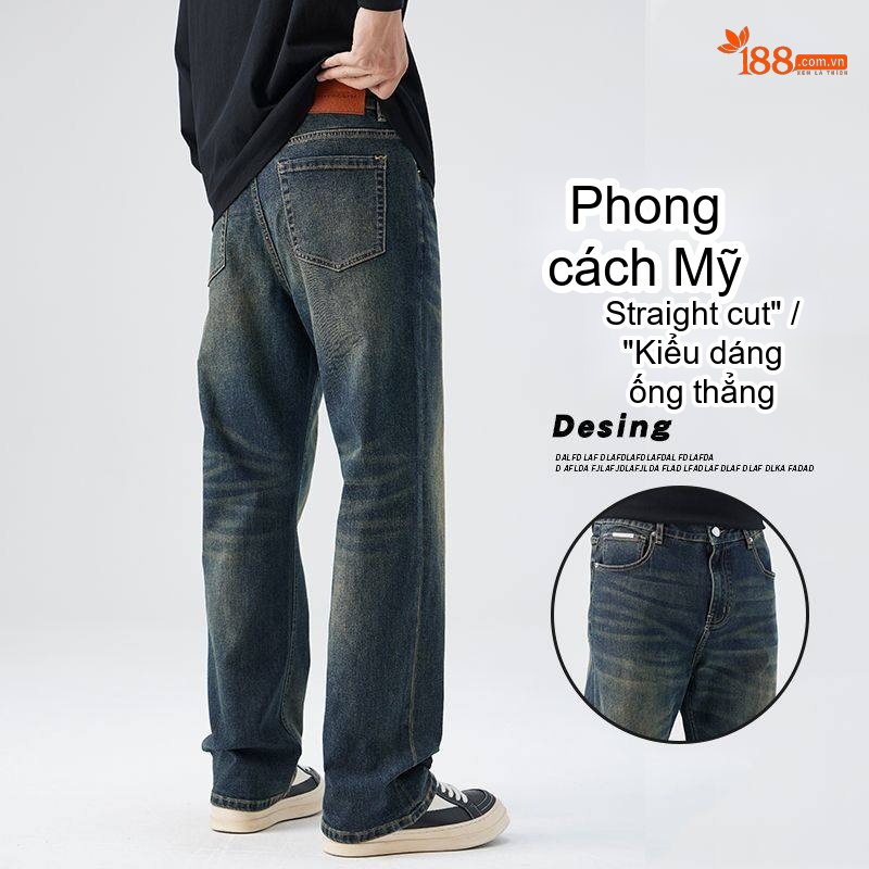 Quần Jean Nam Ống Đứng Dáng Rộng Phong Cách Mỹ Wash Bụi Màu Xanh