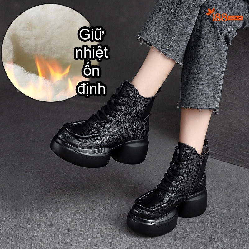 Boot Martin Nữ Dây Buộc Da Mờ Giữ Ấm Mùa Đông Chiều Cao Đế Khoảng 5cm Màu Đen, Nâu