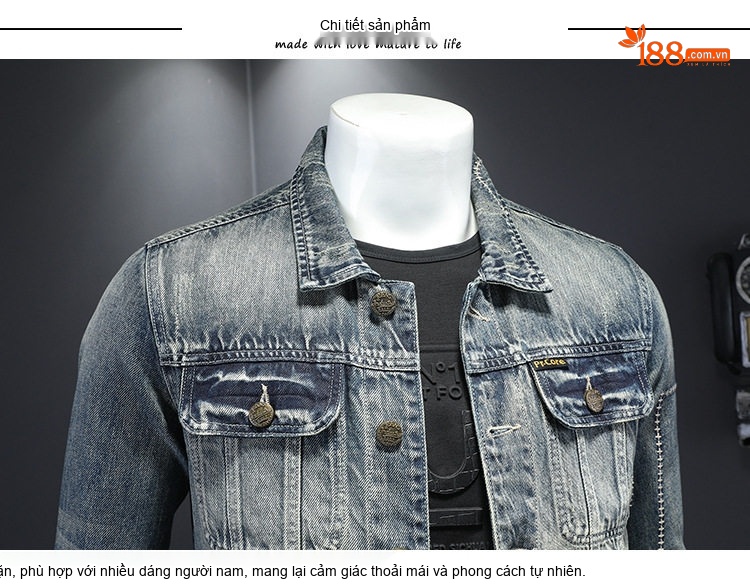 Áo Khoác Jean Nam Thêu Hoa Văn Cổ Điển Form Slimfit Màu Xanh Denim chi tiết 8
