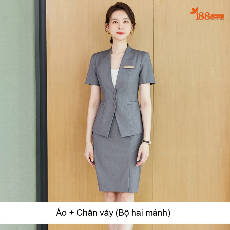 Bộ Vest Công Sở Nữ Tay Ngắn Cao Cấp, Sang Trọng Màu Xám, Xanh Navy