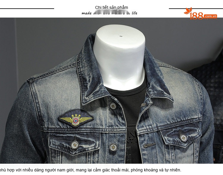 Áo Khoác Jean Nam Dáng Bomber Cổ Điển, Màu Xanh Dương Phai chi tiết 7