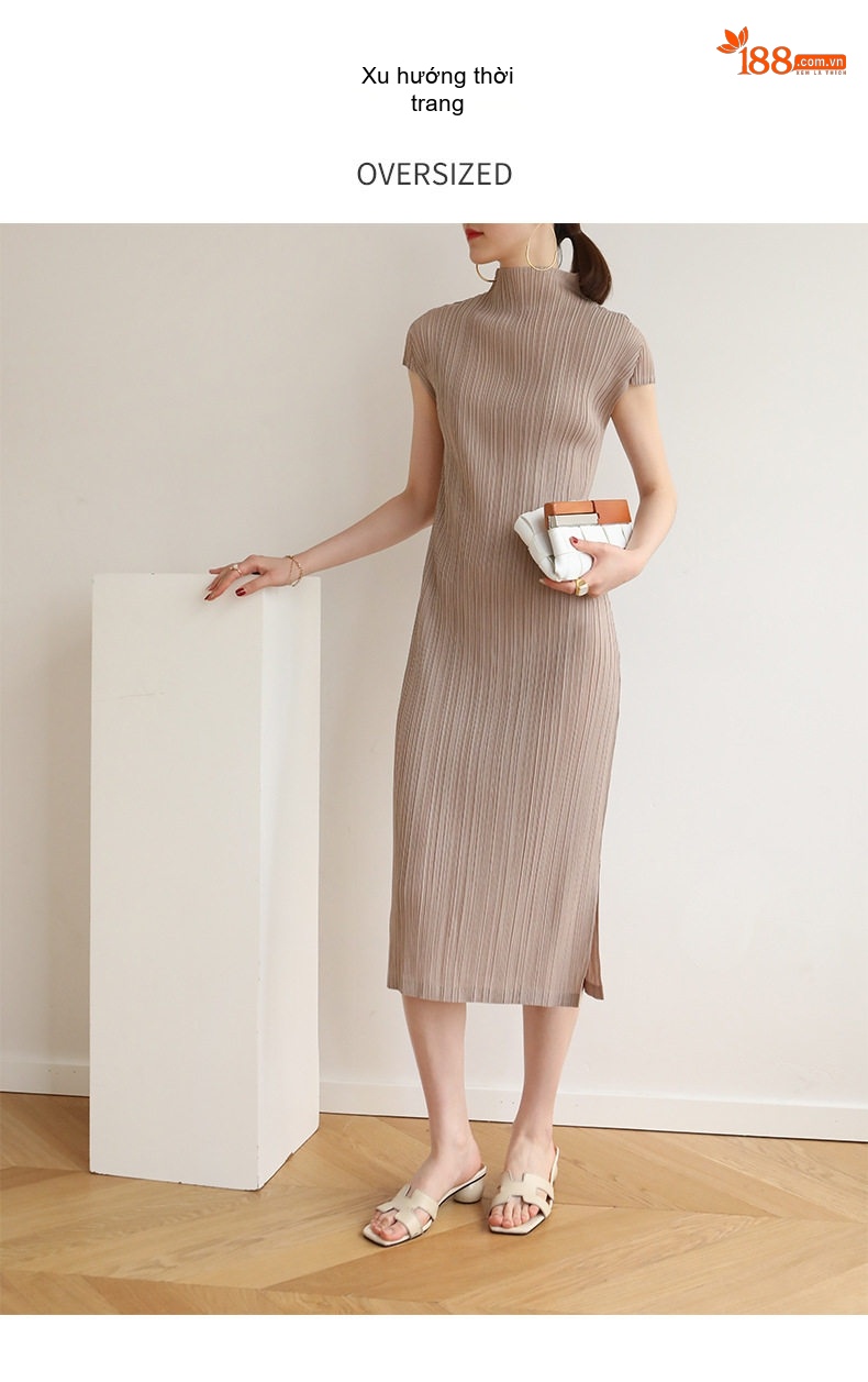 Váy Suông Nữ Pleats Dáng Dài Cổ Lọ Xẻ Tà Thiết Kế Thời Trang Màu Be, Xám, Đen, Xanh... chi tiết 3