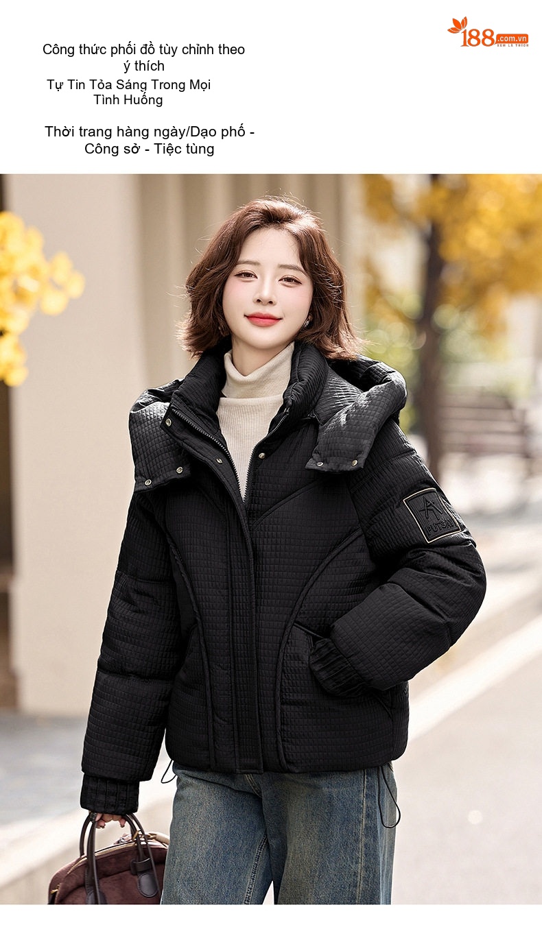 Áo Khoác Phao Nữ Dáng Ngắn Cotton Dày Dặn Giữ Ấm Cổ Cao Có Mũ Trùm Đầu Màu Nâu, Đen chi tiết 8