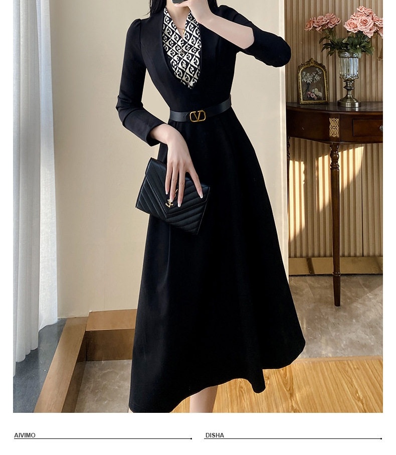 Váy Liền Thân Nữ Dáng Dài Tay Lỡ Chiết Eo Phong Cách Thanh Lịch Màu Đen chi tiết 3