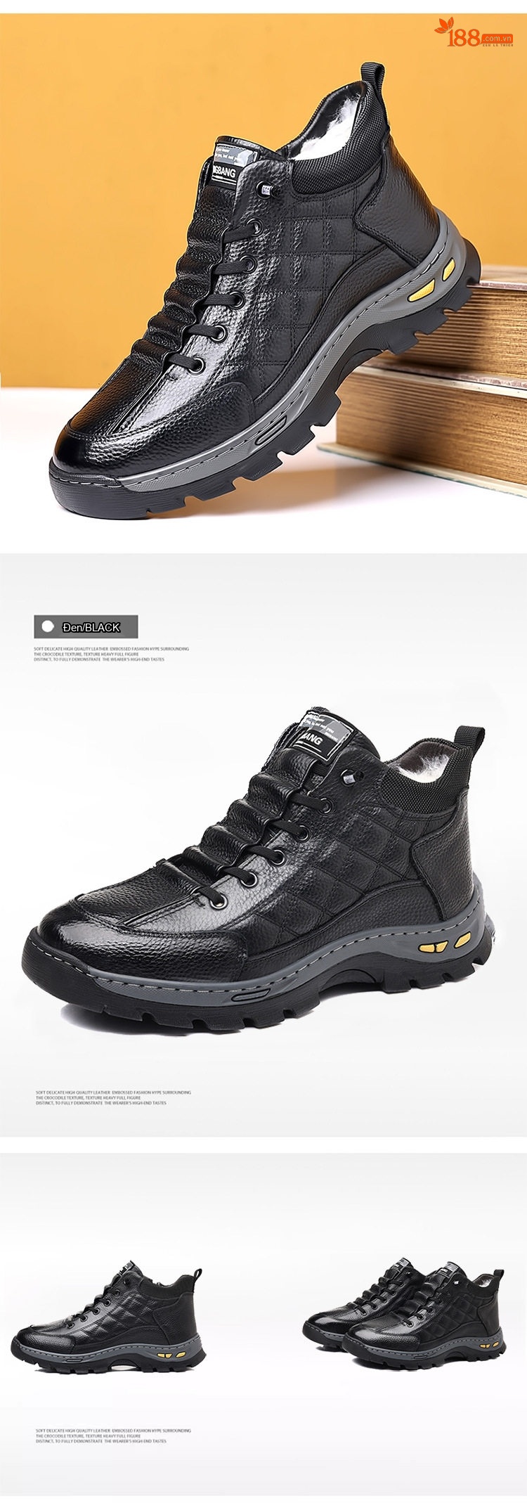 Giày Boot Nam Da Bóng Cao Cổ Lót Lông Chiều Cao Đế Khoảng 4cm Màu Đen chi tiết 15