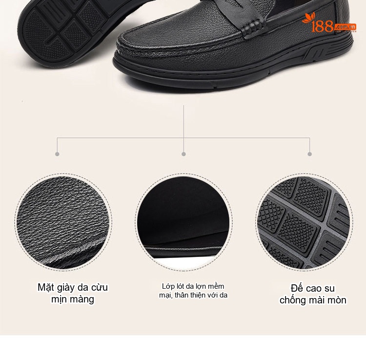 Giày Lười Nam Da Cừu Mềm Mại Thoải Mái Chiều Cao Đế Khoảng 2cm Màu Đen, Nâu chi tiết 4
