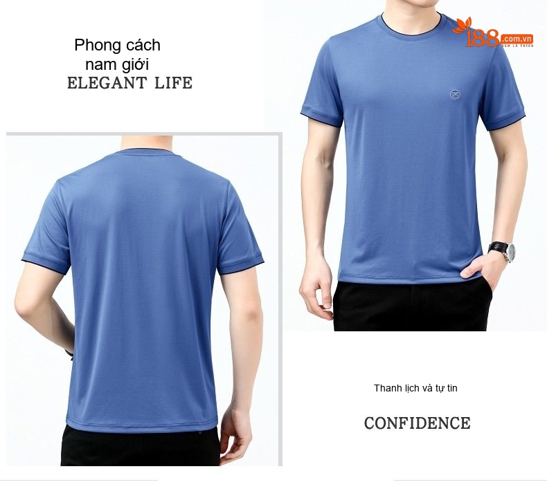 Áo Thun Nam Tay Ngắn Cotton Lụa Cao Cấp Chống Nhăn Màu Tím, Xanh Dương, Xám chi tiết 11