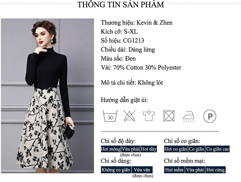 Váy liền thân Nữ Cổ Lệch Dệt Kim Tay Dài Họa Tiết Chữ A Màu Đen, Be chi tiết 17