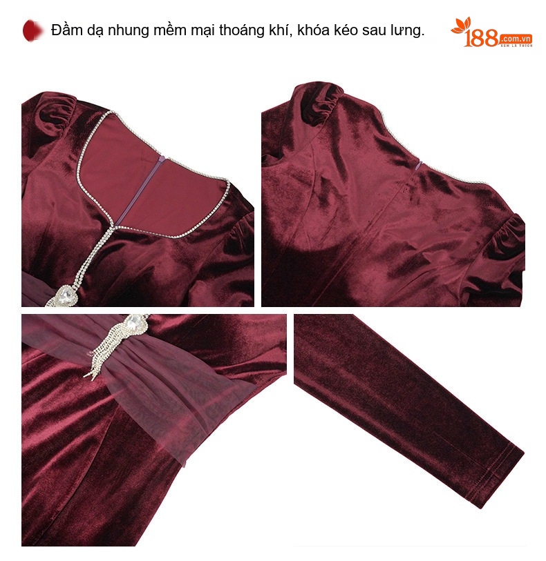 Váy Dạ Hội Nữ Nhung Gân Màu Đỏ Tía Cổ Điển Dáng Ôm Dự Tiệc chi tiết 5