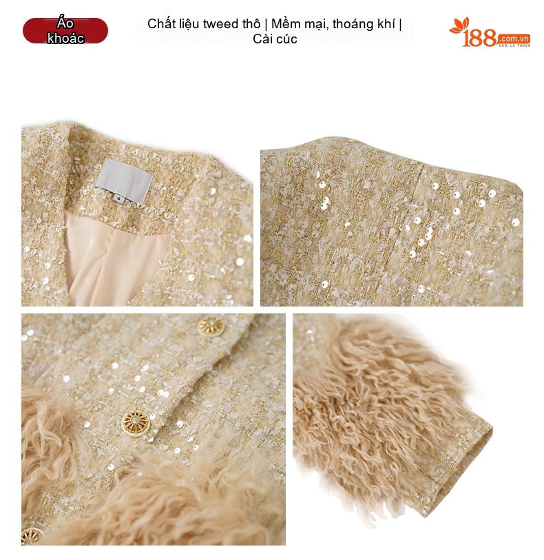 Áo Khoác Dạ Tweed Nữ Thiết Kế Dáng Ôm Thêm Lông Dày Dặn Phong Cách Tiểu Thư Màu Vàng Kem chi tiết 4