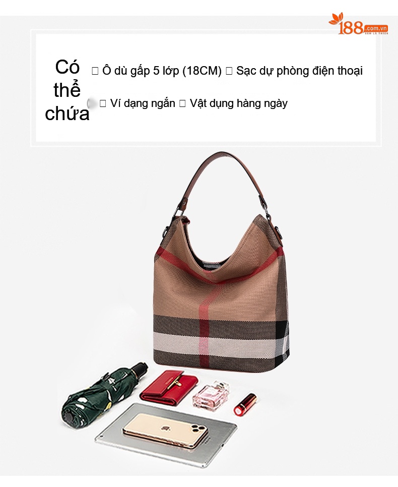 Túi Đeo Vai Nữ Vải Canvas Kẻ Ô phối Da Bò Nguyên Lớp Dáng Trống Sức Chứa Lớn Màu Nâu chi tiết 10