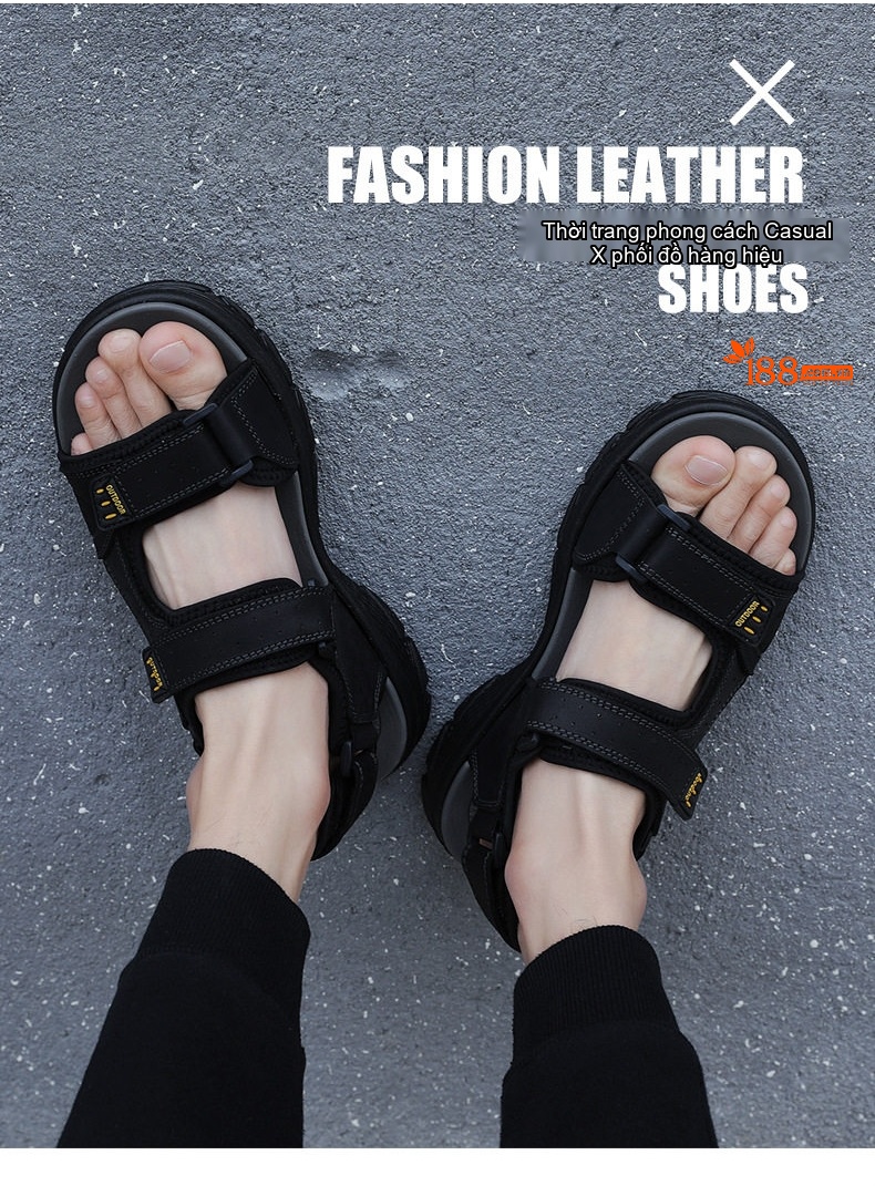Sandal Nam Da Bò Hở Ngón Thoáng Khí Chiều Cao Đế Khoảng 3cm Màu Nâu, Đen chi tiết 2