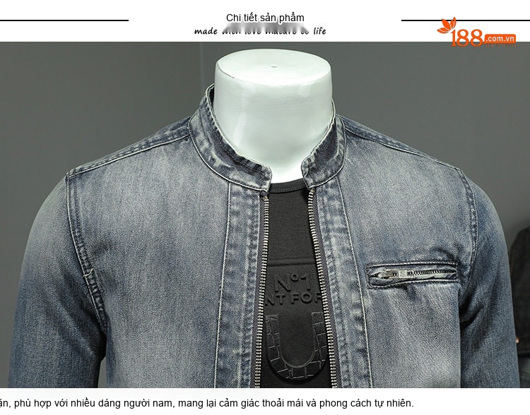 Áo Khoác Denim Nam Cổ Trụ Phong Cách Bụi Bặm Màu Xanh Denim chi tiết 2