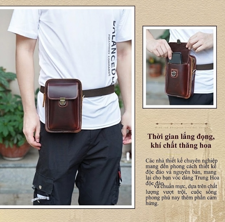 Túi Đeo Chéo Mini Nam Nữ Da Bò Retro Đa Năng chi tiết 4