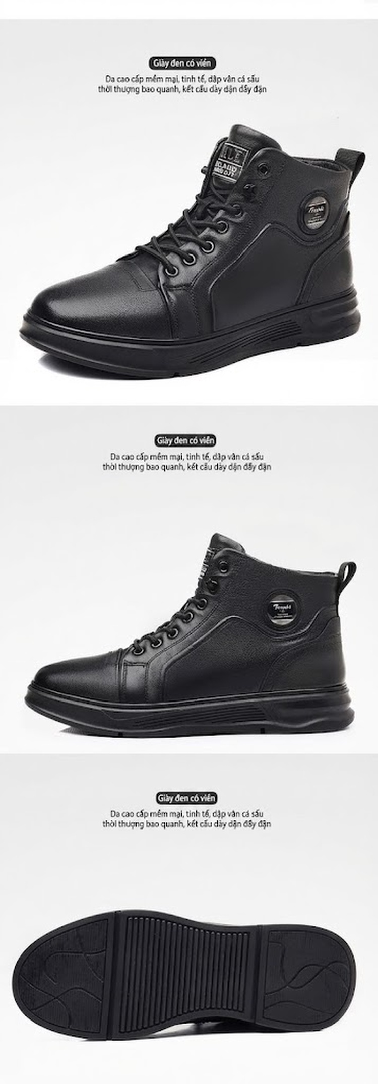 Giày Boot Nam Cao Cổ Da Thật Lót Lông Chiều Cao Đế Khoảng 3cm Màu Đen chi tiết 12