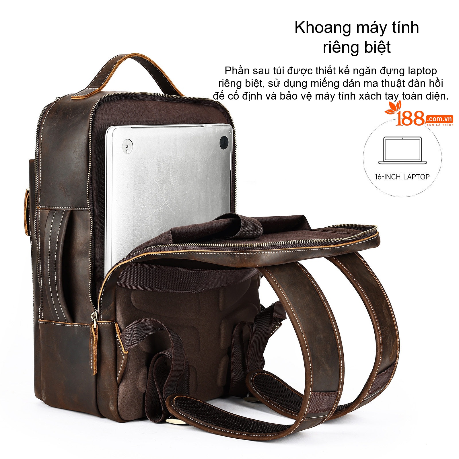 Balo Da Bò Nam Cao Cấp Đựng Laptop 16 Inch Phong Cách Doanh Nhân Màu Nâu