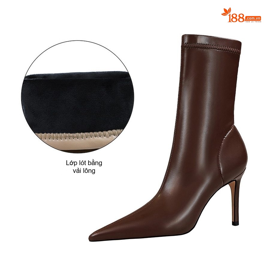 Boot Nữ Cổ Lửng Da Bóng Gót Nhọn Chiều Cao Đế Khoảng 7cm Màu Đen, Nâu, Kem