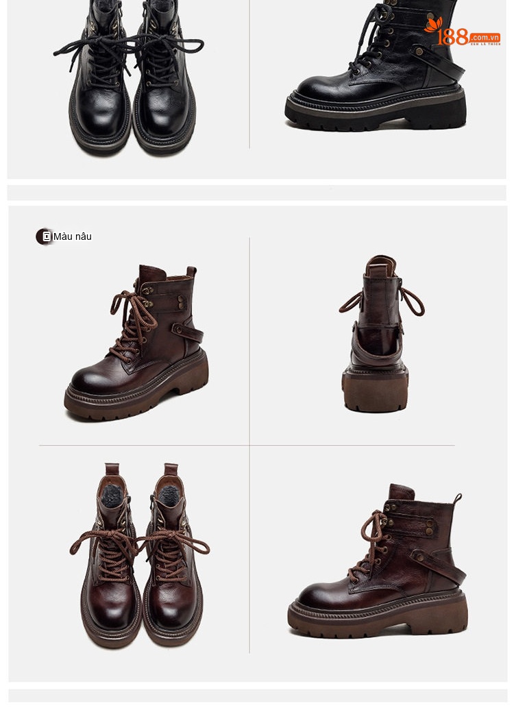 Boot Nữ Cổ Ngắn Da Bò Phong Cách Anh Quốc Chiều Cao Đế Khoảng 5cm Màu Đen, Nâu chi tiết 14