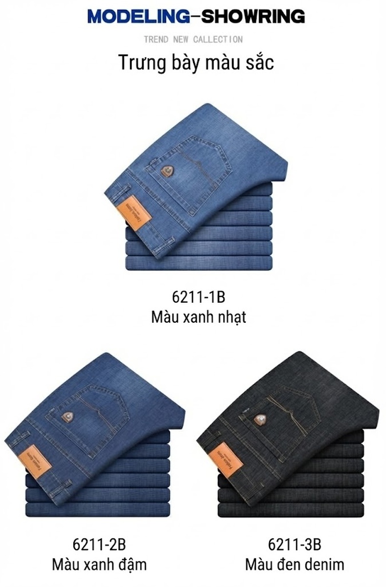 Quần Jeans Dài Nam Ống Đứng Co Giãn Nhẹ Thoáng Khí Màu Xanh Dương, Xám Đen chi tiết 2