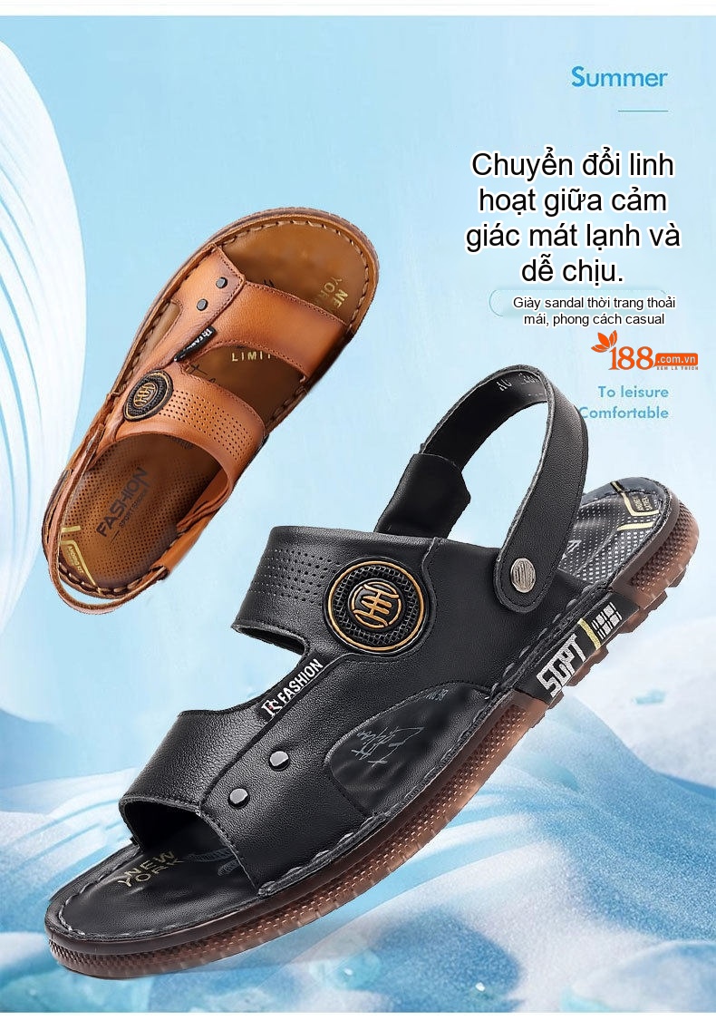 Dép Sandal Nam Da Thật Chống Trượt Thoáng Khí Chiều Cao Đế Khoảng 2cm Màu Nâu, Đen chi tiết 3