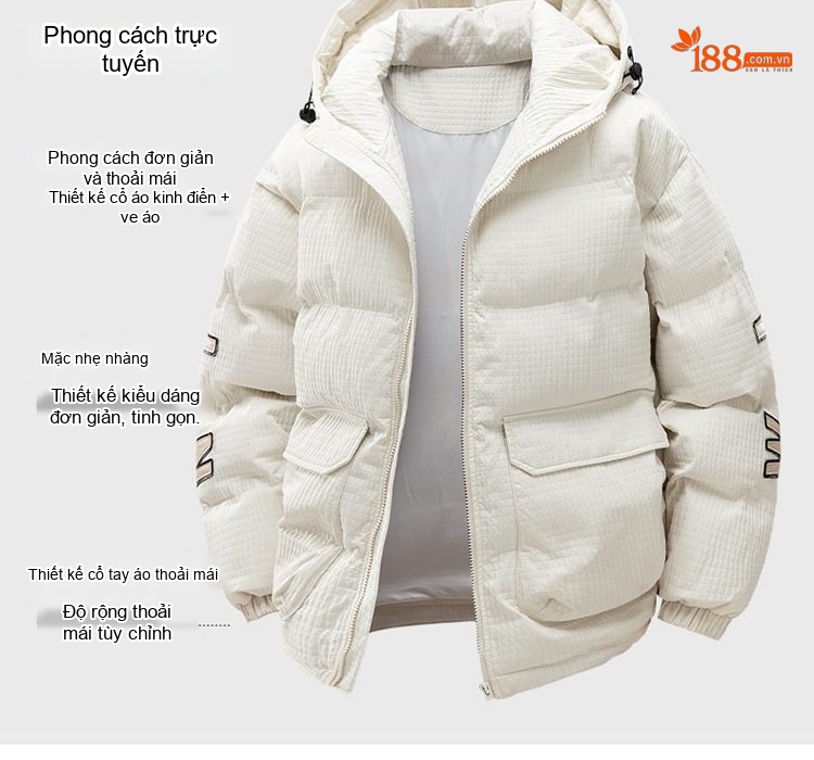 Áo Khoác Cotton Nam Có Mũ Trùm Đầu Dáng Rộng Lót Lông Dày Dặn Kiểu Caro Màu Trắng, Đen chi tiết 8