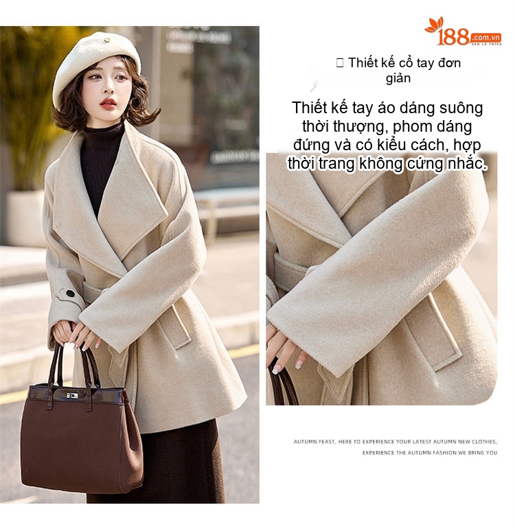 Áo Khoác Dạ Nữ Dáng Ngắn Wool Thiết Kế Thắt Eo Tôn Dáng Màu Be, Xám chi tiết 7
