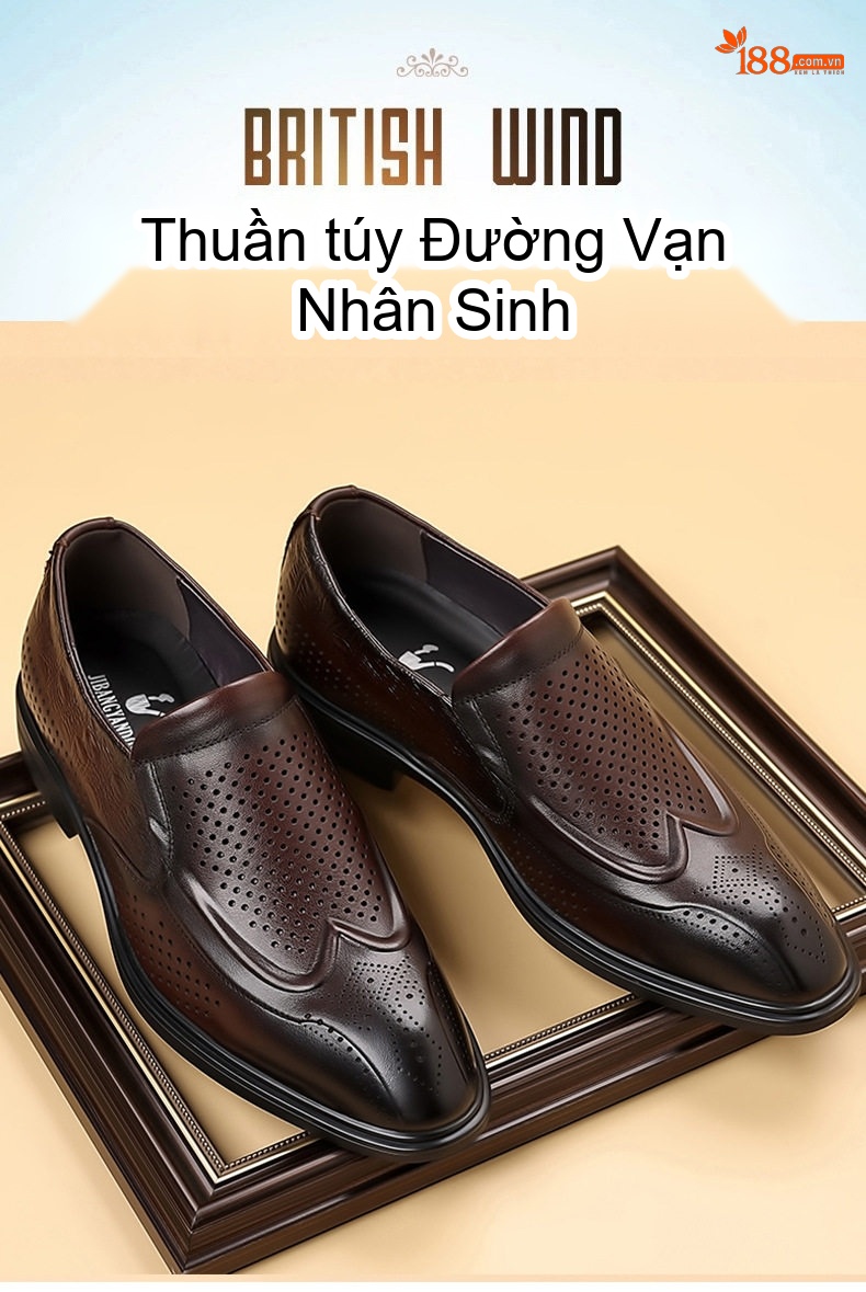 Giày Lười Nam Da Bò Đục Lỗ Thoáng Khí Chiều Cao Đế Khoảng 2cm Màu Đen, Nâu chi tiết 3