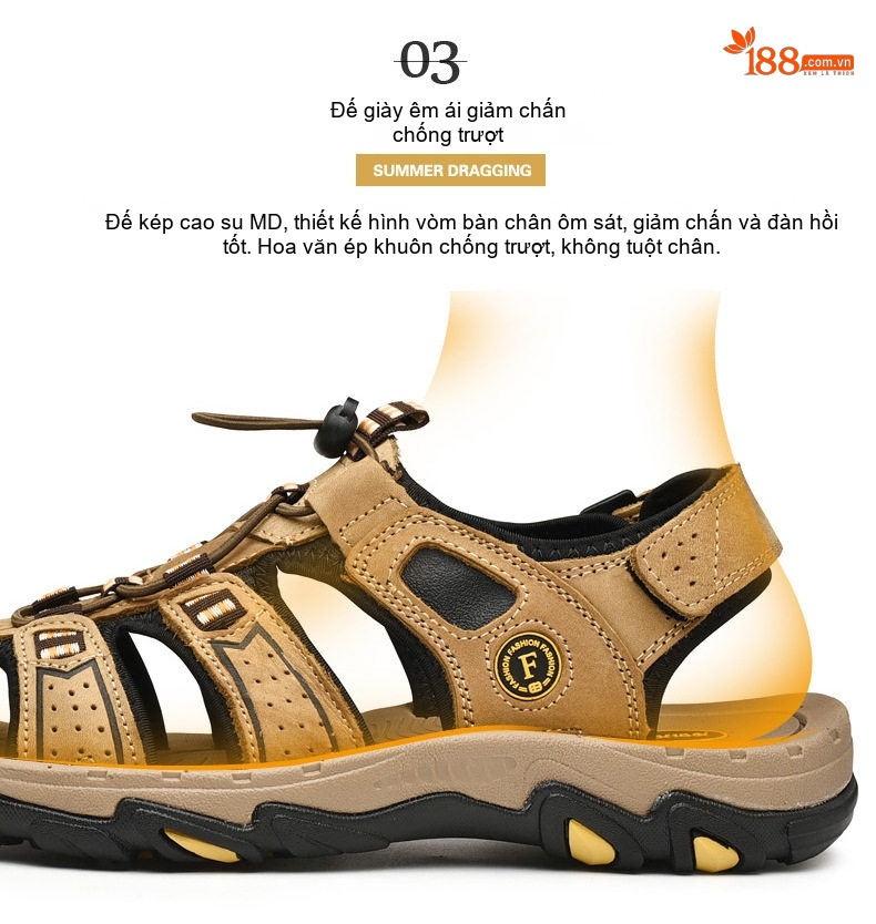 Sandal Rọ Nam Da Thật Thoáng Khí Đi Biển Chiều Cao Đế Khoảng 3cm Màu Nâu, Đen chi tiết 10
