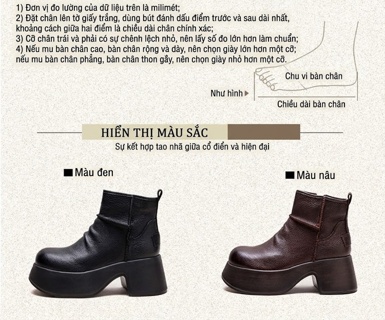 Boot Nữ Cổ Ngắn Da Bò Đế Xuồng Chiều Cao Đế Khoảng 6cm Phong Cách Retro Màu Đen, Nâu chi tiết 3
