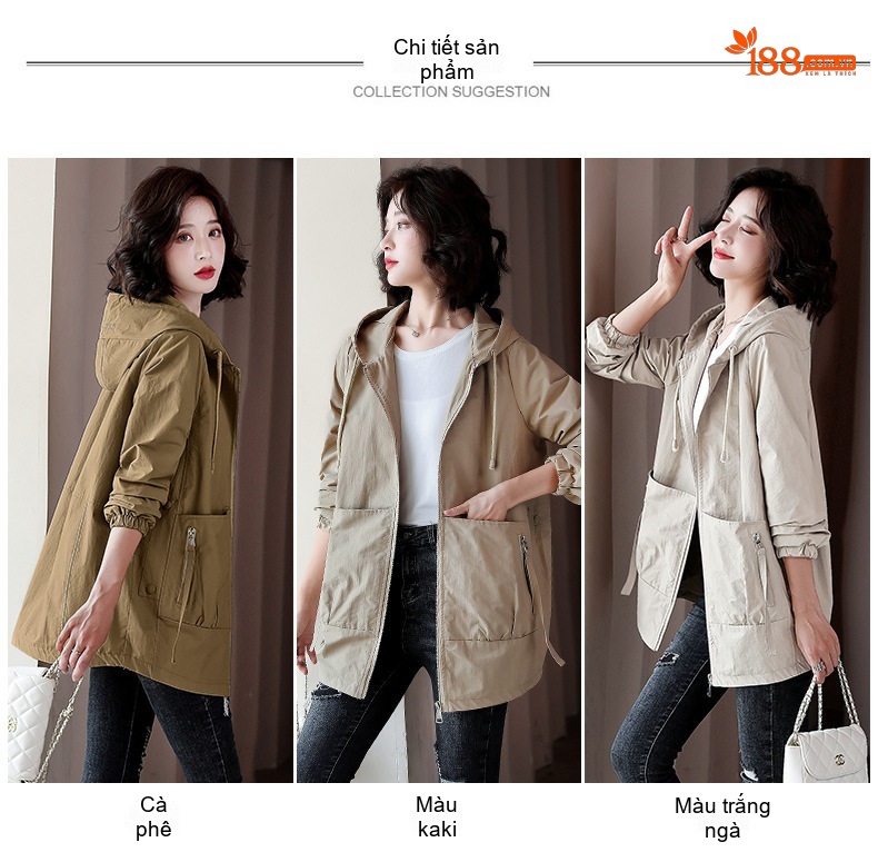 Áo Khoác Gió Nữ Dáng Dài Vừa Vải Cotton Form Rộng Hàn Quốc Có Mũ Trùm Đầu Màu Be, Nâu chi tiết 10