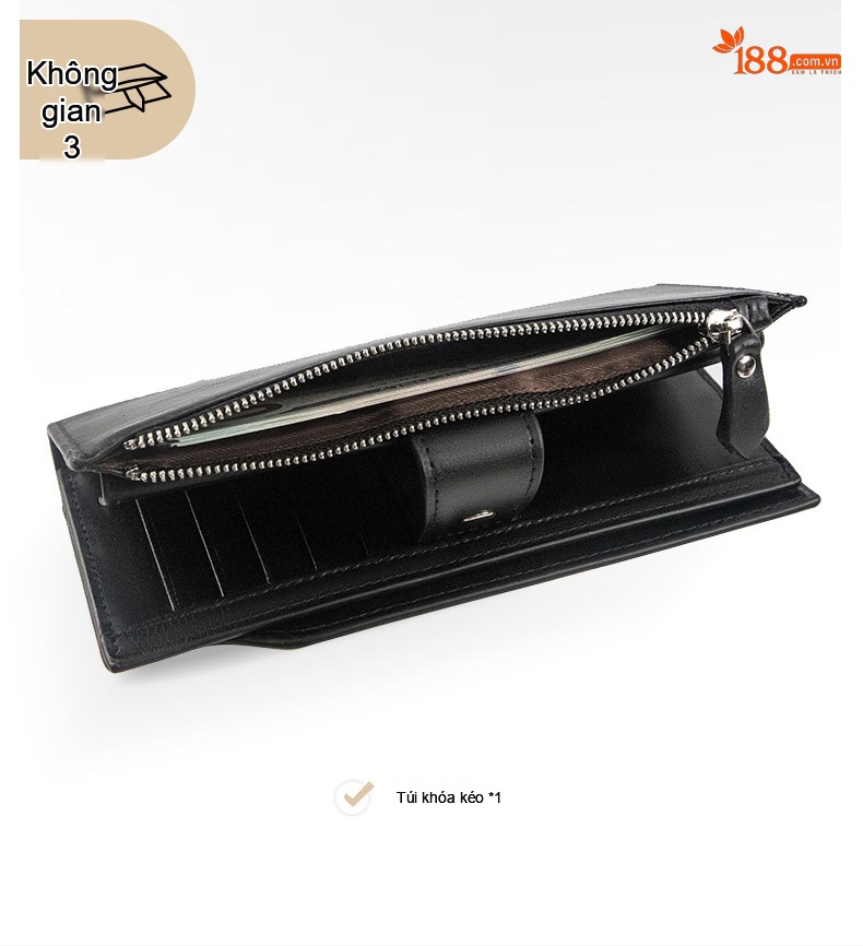Ví Dài Nam Da Thật Gập Kiểu Cổ Điển Khóa Kéo Nhiều Ngăn Màu Đen, Nâu chi tiết 6