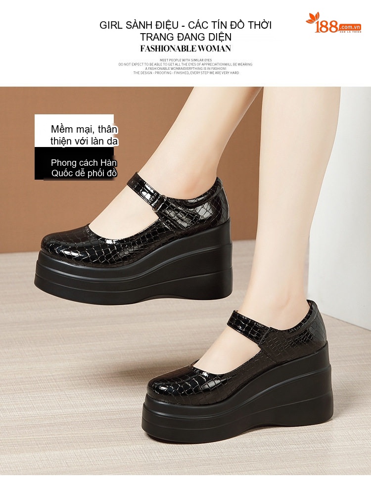 Giày Búp Bê Nữ Da Bóng Quai Ngang Chiều Cao Đế Khoảng 7cm Màu Đen, Trắng, Đỏ chi tiết 2