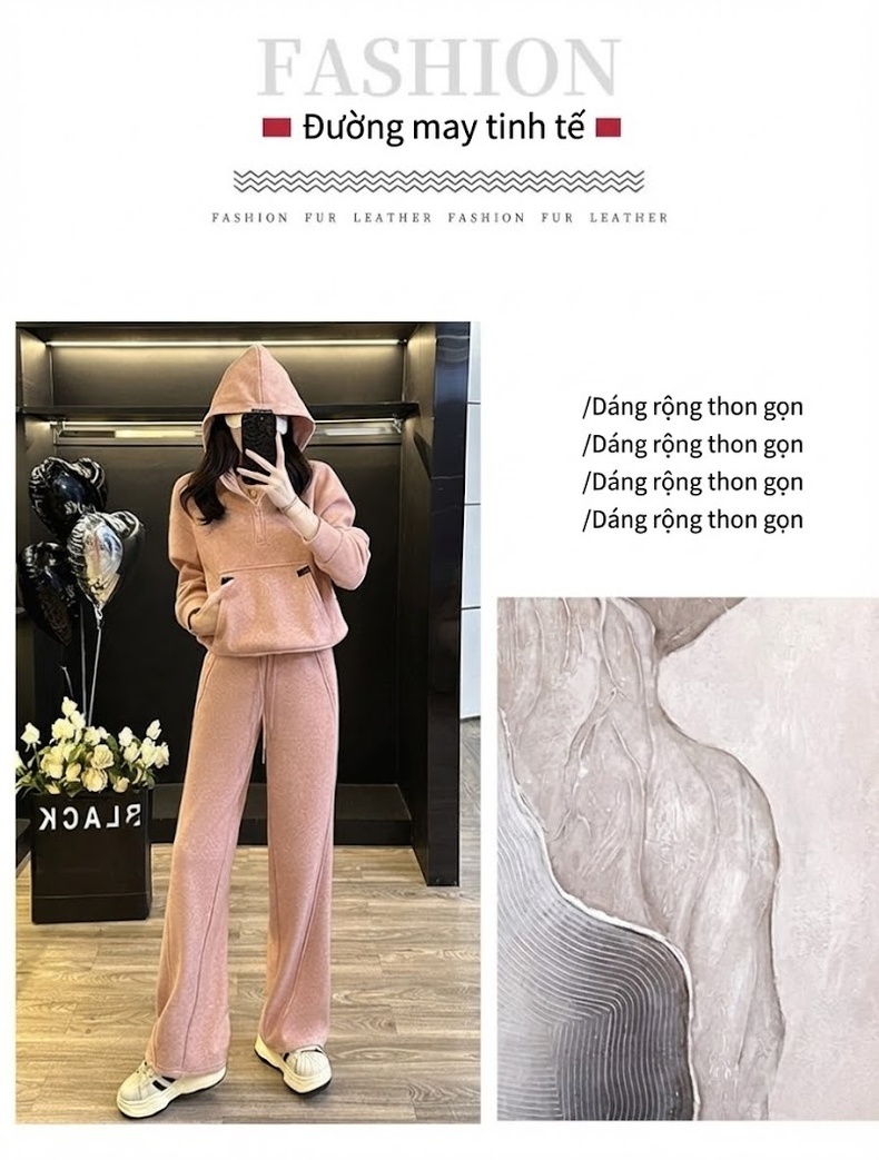 Bộ đồ thể thao nữ áo hoodie dáng rộng quần ống rộng lót lông chi tiết 4