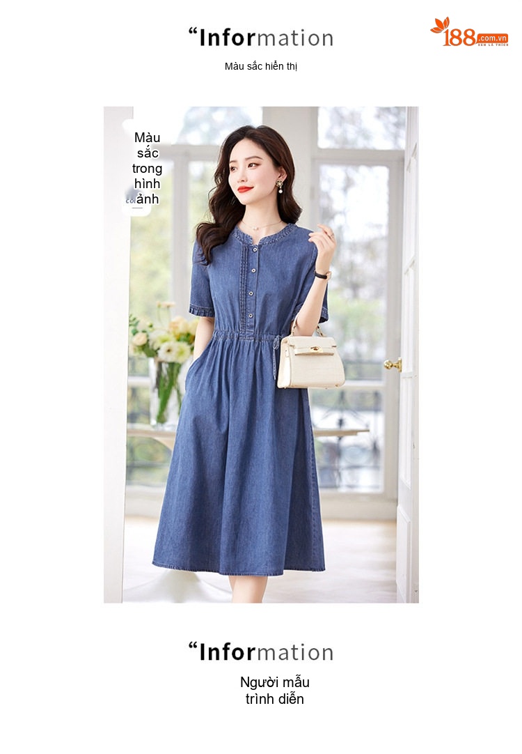 Váy Đầm Jean Nữ Tay Ngắn Dáng Chữ A Thắt Dây Eo Màu Xanh Jean chi tiết 12