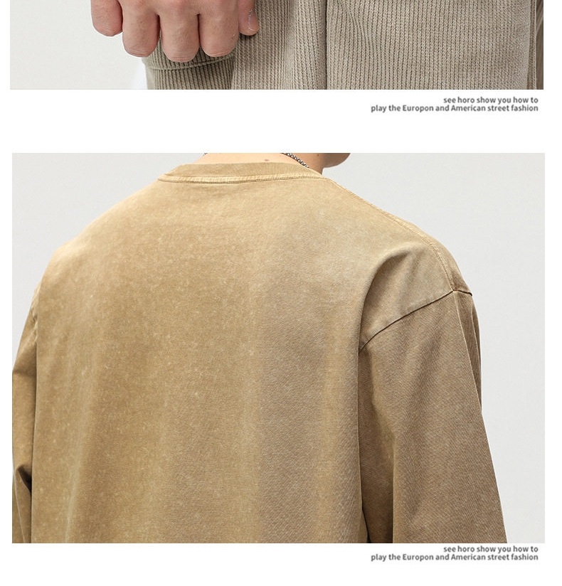 Áo Thun Tay Dài Nam Cotton Form Rộng Cổ Tròn Phong Cách Retro Màu Nâu, Xám chi tiết 17
