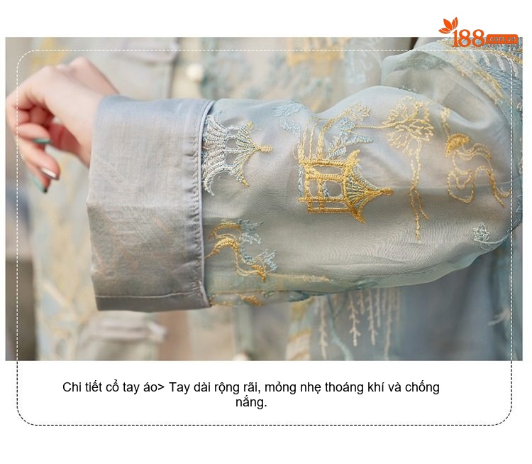 Áo Khoác Quốc Phong Nữ Thêu Họa Tiết Dáng Rộng Tay Lỡ Cổ Tàu Màu Xanh, Trắng chi tiết 6