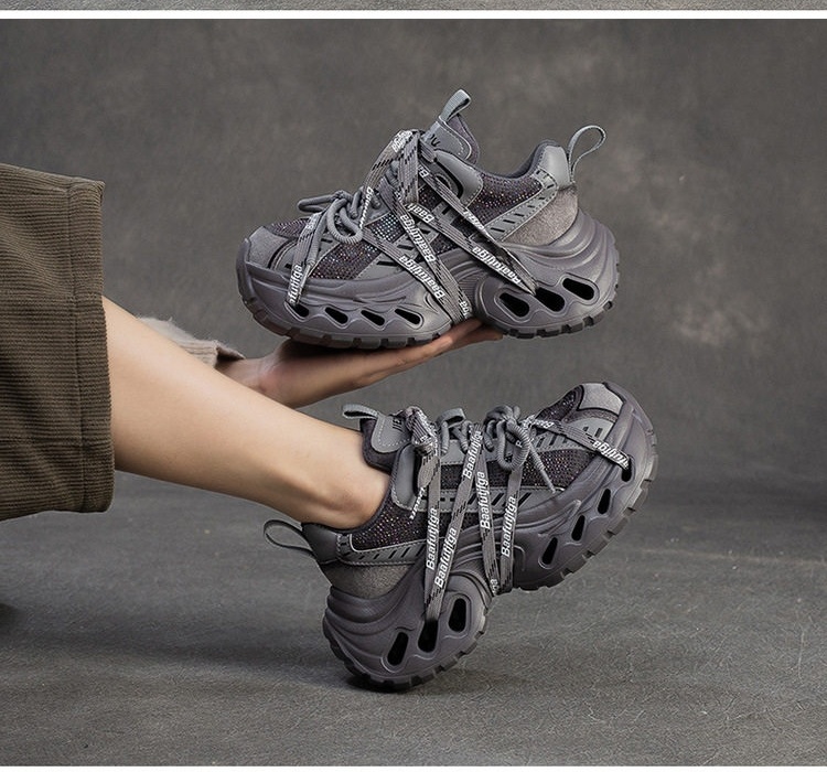 Giày Sneaker Nữ Đế Xuồng Dây Buộc Phong Cách Retro Chiều Cao Đế Khoảng 5cm Màu Đen, Xám, Nâu chi tiết 11