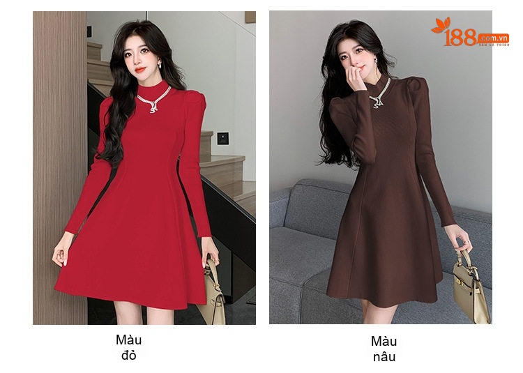 Đầm Dệt Kim Nữ Tay Phồng Cổ Cao dáng chữ A Tiểu Thư Màu Trắng, Đỏ, Đen, Nâu chi tiết 5