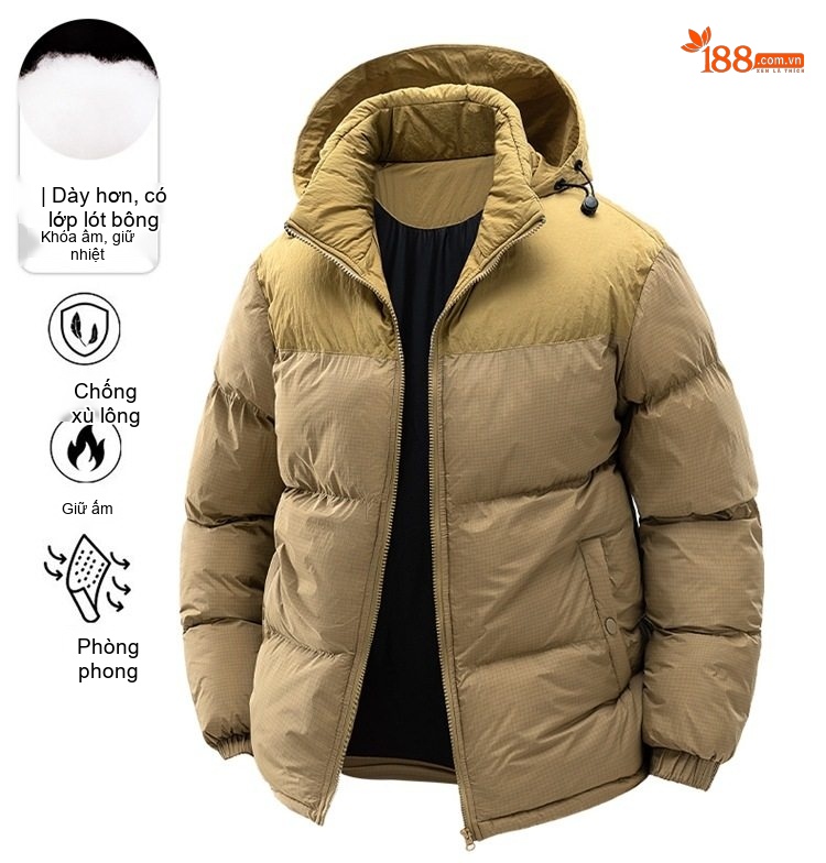 Áo Khoác Cotton Nam Nữ Có Mũ Trùm Đầu Tháo Rời Được Dáng Rộng Lót Dày Màu Vàng, Đen chi tiết 1