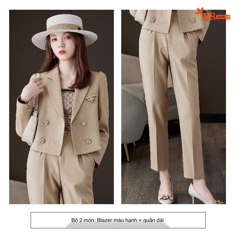 Bộ Vest Nữ Áo Blazer Quần Dài Phong Cách Hàn Quốc Màu Be, Đen, Xanh Dương