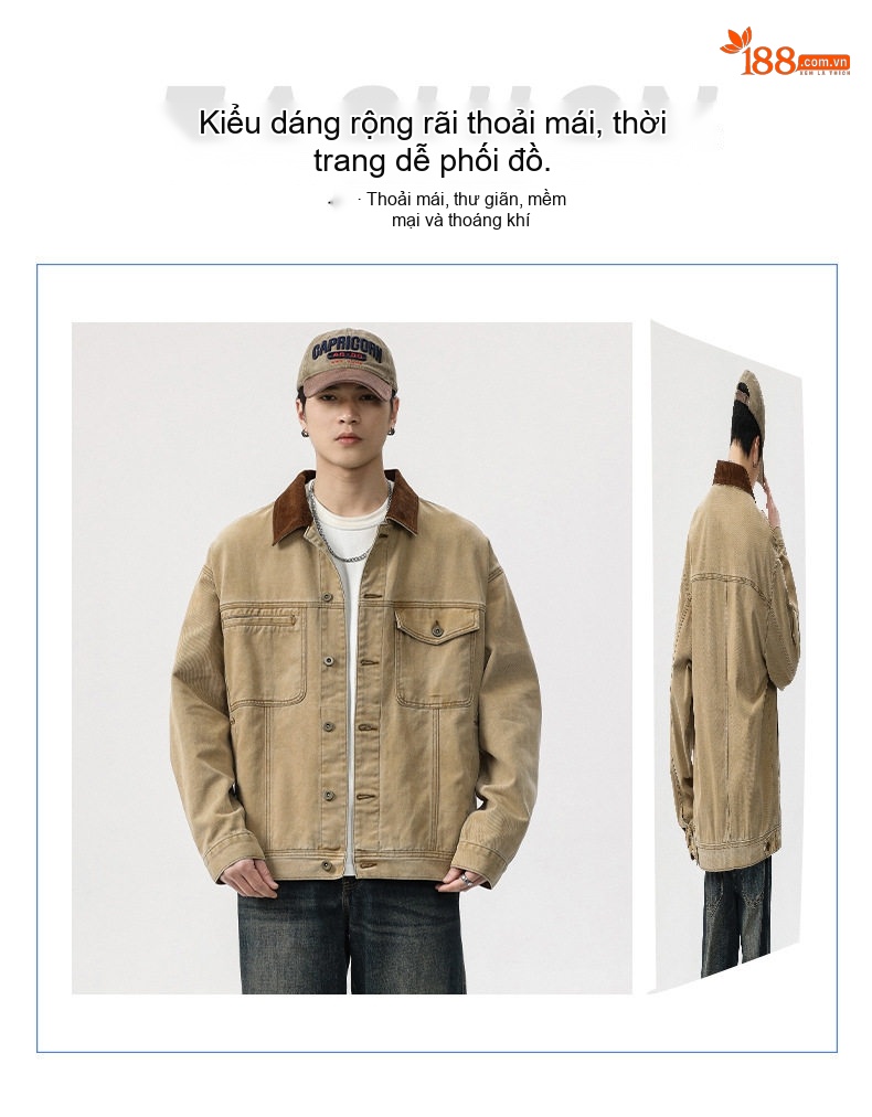 Áo Khoác Jeans Nam Cổ Bẻ Vải Canvas Form Rộng Phong Cách Mỹ Màu Be chi tiết 3